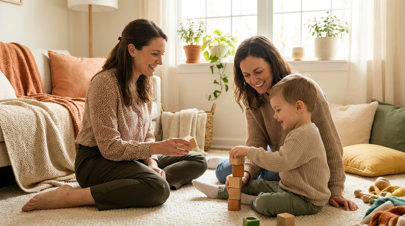 A preschool-age child sits on a living room rug stacking wooden blocks with a smiling parent and a female therapist seated nearby, all in a warm sunlit home setting with soft decor and a few toys visible.