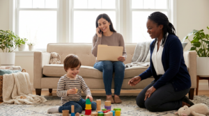 A preschool boy sits on a living room rug playing with colorful stacking cups and wooden blocks while his mother smiles on the sofa holding a folder and talking on the phone, with a female support professional kneeling nearby in a bright, warm home setting.