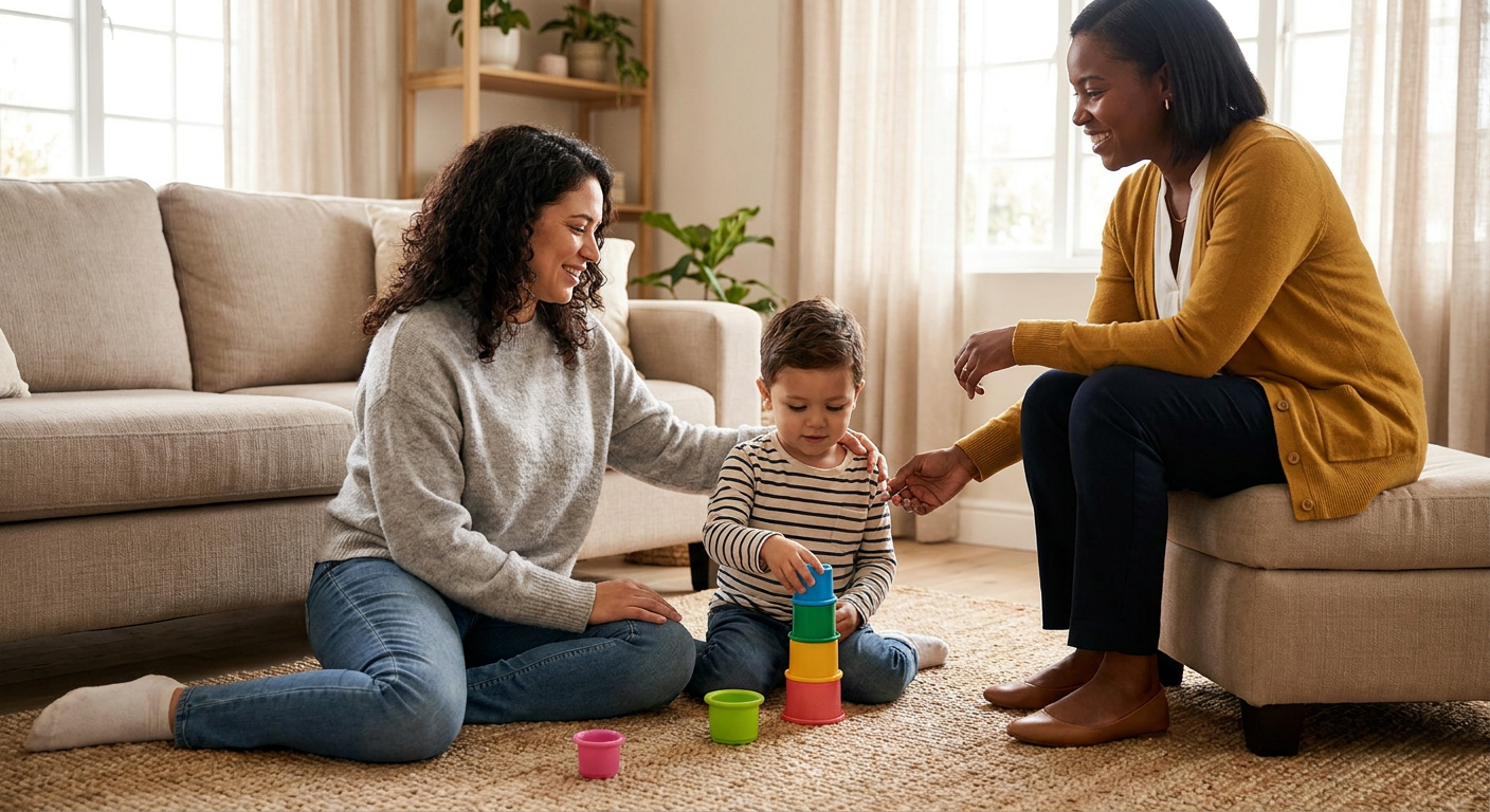 A preschool-age child sits on a living room rug stacking colorful cups while a smiling mother rests a hand on the child’s shoulder and a female therapist sits nearby, all in a warm sunlit home setting with soft neutral furniture and plants.