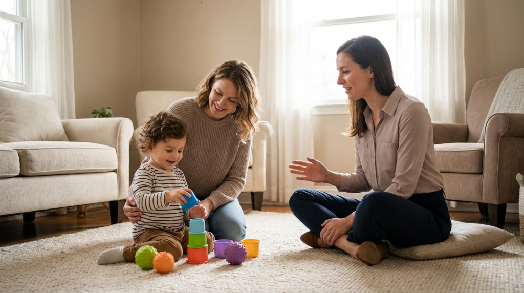 A young child around 3 to 4 years old sits on a rug in a warm living room stacking colorful cups while a smiling mother kneels beside the child and a female therapist sits nearby offering gentle support, with soft natural light, neutral furniture, and a few sensory toys visible.