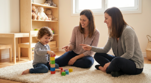 A smiling young child around 3 to 4 years old sits on a light rug in a warm playroom, stacking colorful blocks while two adult women sit nearby at the child’s level, smiling and pointing supportively, with soft natural light, wooden shelves, and simple toys in the background.