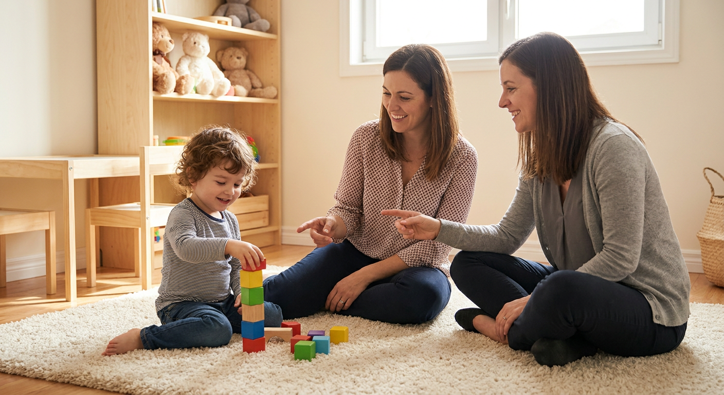 A smiling young child around 3 to 4 years old sits on a light rug in a warm playroom, stacking colorful blocks while two adult women sit nearby at the child’s level, smiling and pointing supportively, with soft natural light, wooden shelves, and simple toys in the background.