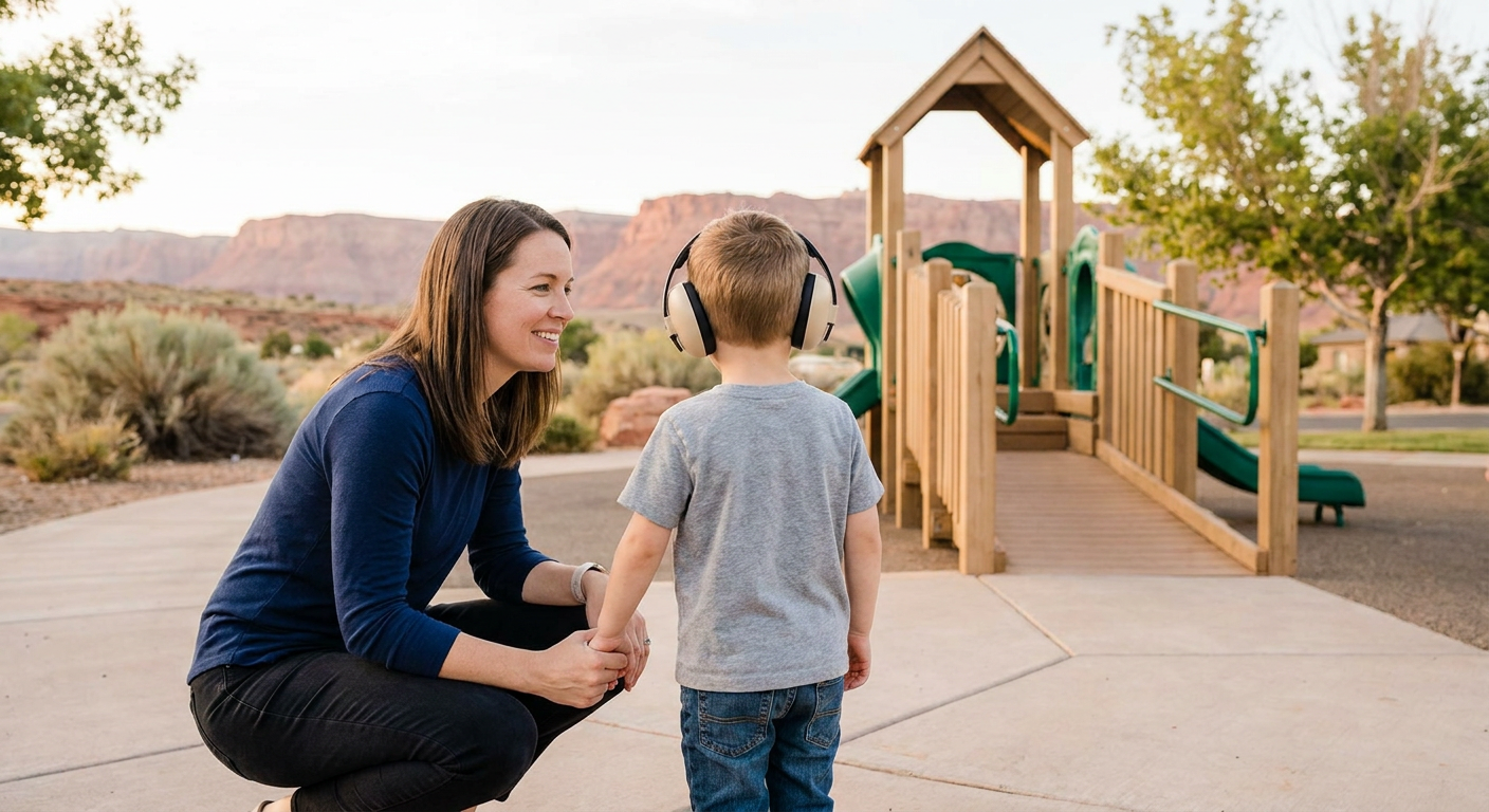 A preschool-aged child wearing over-ear headphones stands at an accessible playground in a sunny outdoor park while a smiling parent crouches beside them holding their hand, with trees, play equipment, and red rock cliffs in the background.