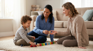 A young boy around 4 years old sits on a soft rug in a bright living room, playing with a red toy car and colorful wooden blocks while a smiling mother and a female therapist sit beside him and gently pass a block between them, with a beige sofa and stuffed animals in the background.