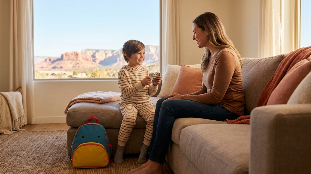 A smiling mother sits with a school-aged child, about 7 to 8 years old, in a warm living room while the child holds a small fidget toy, with a colorful backpack nearby and red rock hills visible through the window.