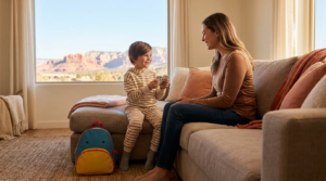 A smiling mother sits with a school-aged child, about 7 to 8 years old, in a warm living room while the child holds a small fidget toy, with a colorful backpack nearby and red rock hills visible through the window.
