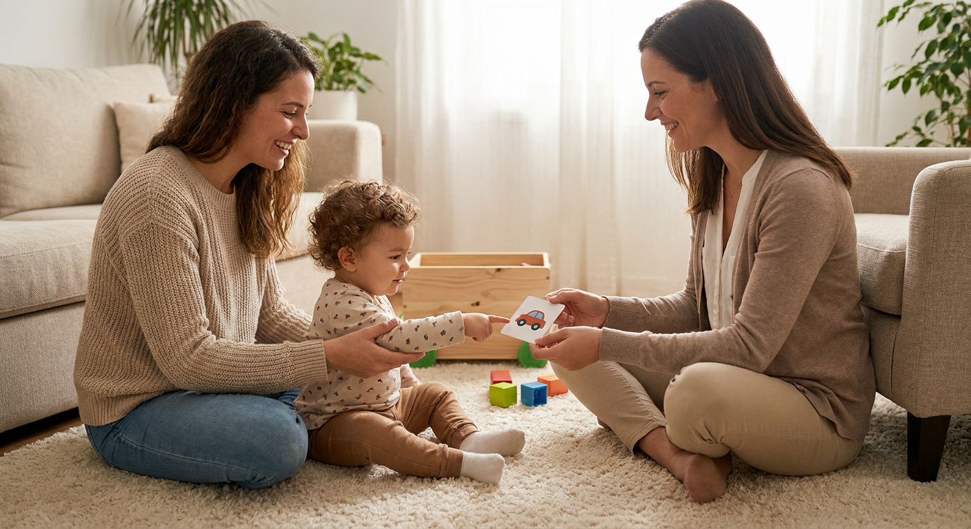 A toddler around 2 to 3 years old sits on a soft living room rug between an adult parent and a female therapist, pointing to a picture card during play while both adults smile and support the child in a warm home setting with neutral furniture and a few simple toys.