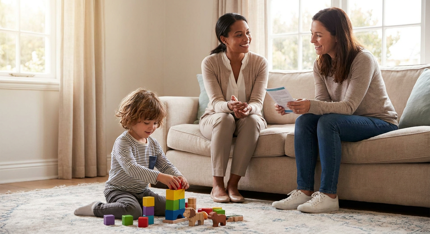 A young child about 4 years old sits on a living room rug stacking colorful blocks while two women sit on a sofa nearby, smiling and talking in a warm, sunlit home setting.