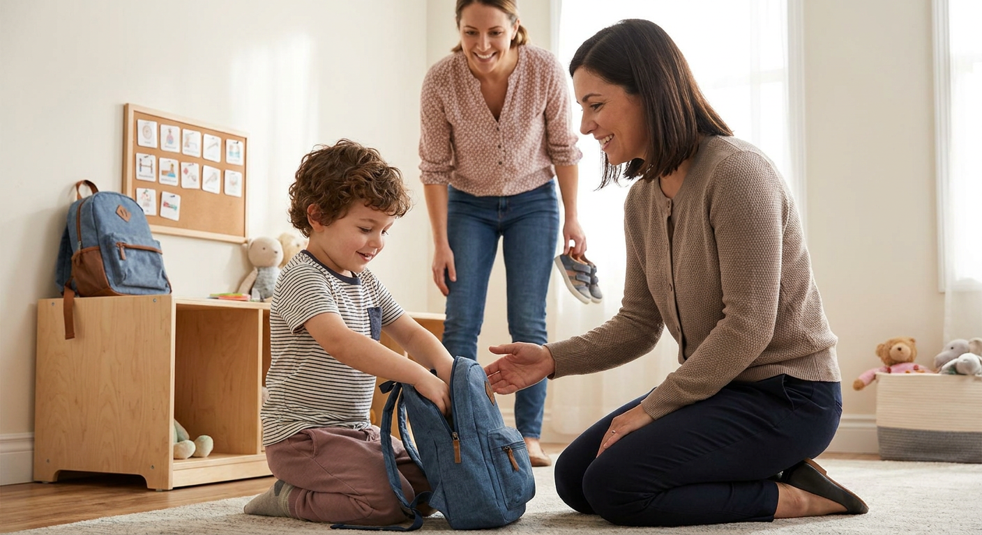 A young child about 4–5 years old kneels on the floor in a warm, child-friendly room while placing items into a blue backpack, with two smiling adult women nearby offering support; a cubby, visual routine board, stuffed toys, and soft natural light suggest a calm kindergarten-readiness transition moment.