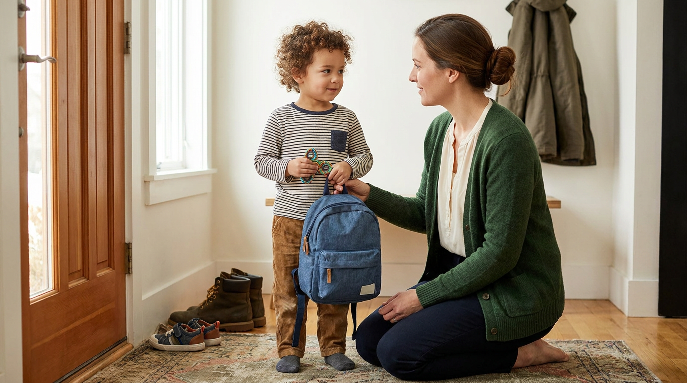 A young child around 4–5 years old stands by a front door in a bright home entryway, holding a small fidget toy and a blue backpack while a mother kneels at eye level beside him with a calm, supportive expression; shoes and coats by the door suggest a gentle before-school routine.