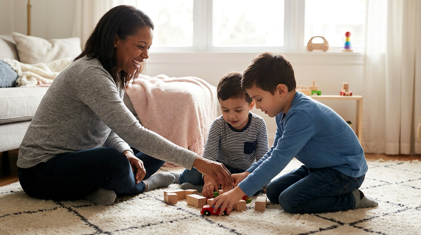 A mother sits on a living room rug with two young boys, about 3 to 6 years old, smiling and playing together with wooden blocks and a red toy car in soft natural light.