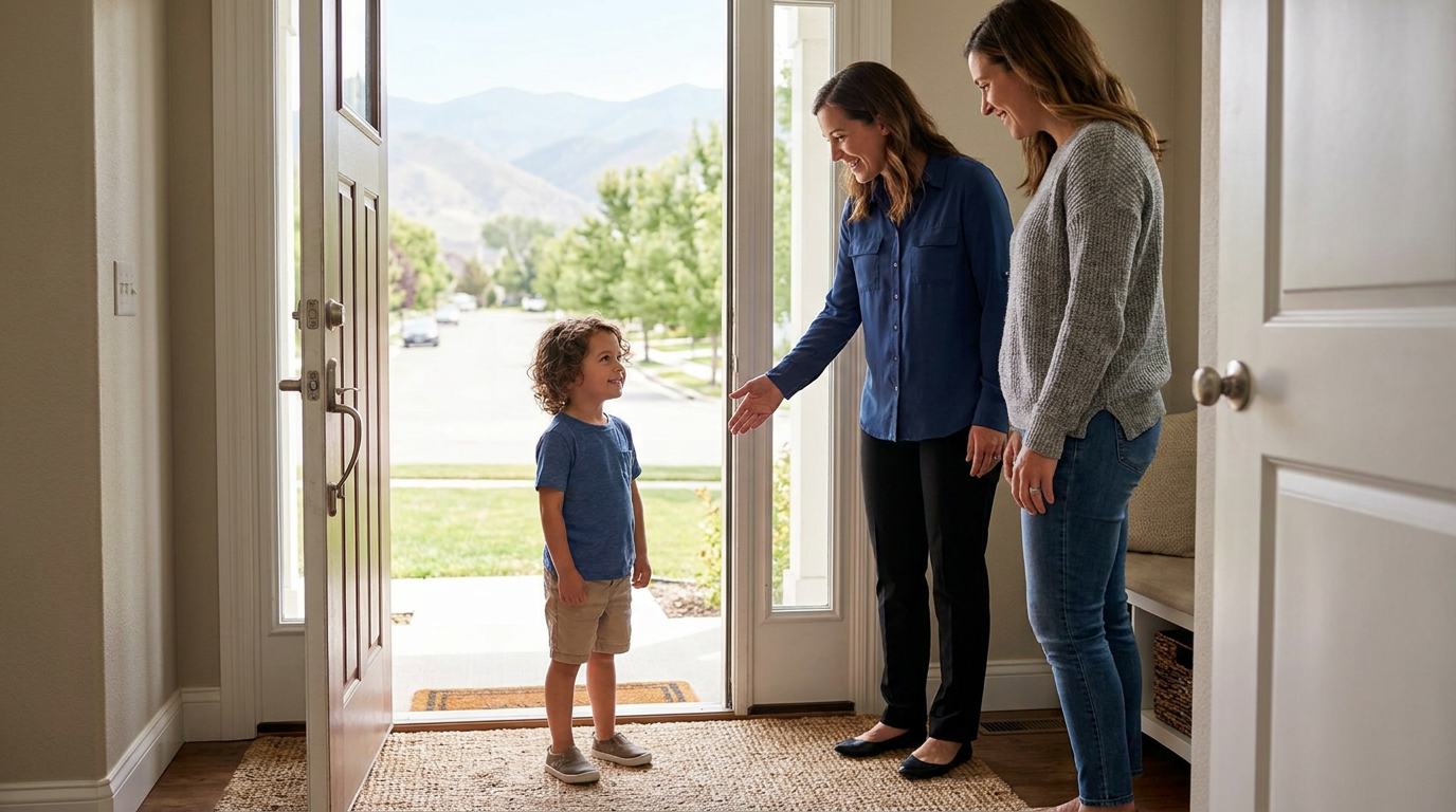A young child around 4 to 5 years old stands at an open front doorway inside a bright home entryway while two adult women guide a stop-and-wait safety routine, with a quiet neighborhood and mountains visible outside.
