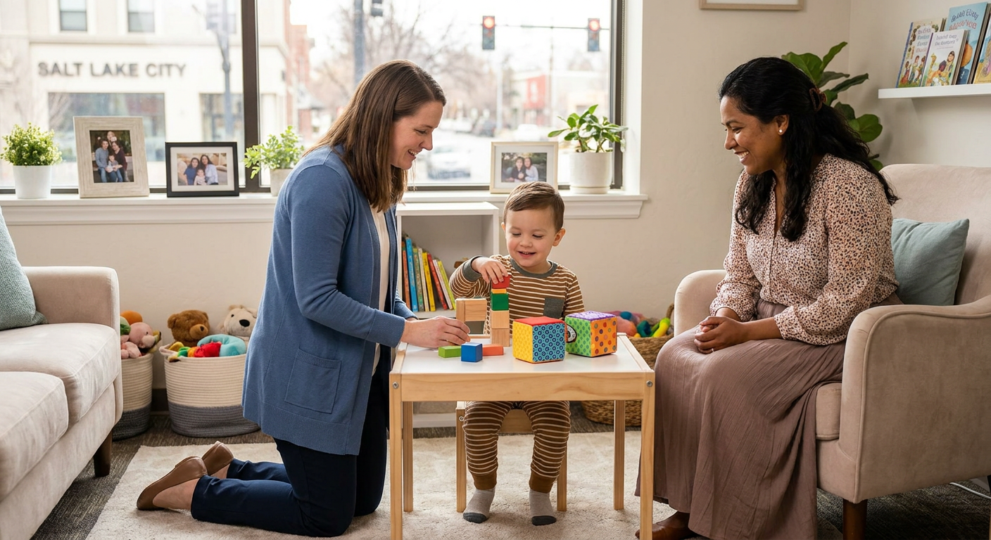  A young boy around 3 to 5 years old sits at a small table in a warm, home-like therapy room in Salt Lake City, smiling as he stacks colorful blocks with a female therapist kneeling beside him while his mother watches from a chair with a hopeful expression; toys, framed family photos, and large windows create a calm, welcoming setting.
