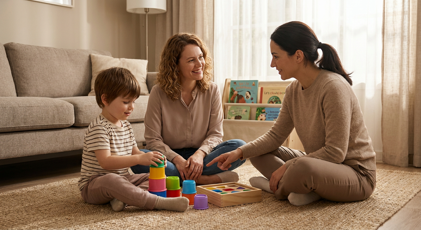 A young child around 4 years old sits on a living room rug stacking colorful cups while two adult women sit nearby smiling and engaging with the child in a warm, softly lit home setting.