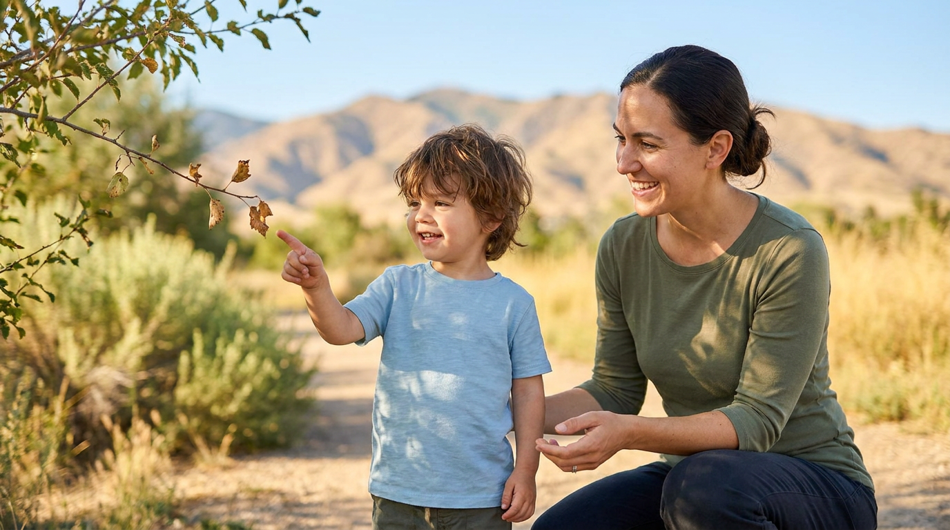 A young child around 4 years old stands on a sunny outdoor path pointing toward leaves on a tree branch while a smiling parent kneels beside them, with soft greenery and tan Utah-style mountains in the background.