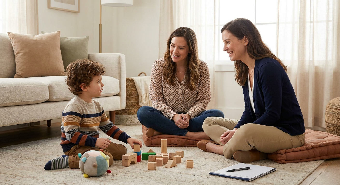 A young boy about 4 years old sits on a living room rug playing with wooden blocks and a soft sensory ball while two adult women sit nearby smiling and watching him in a warm, sunlit home setting.