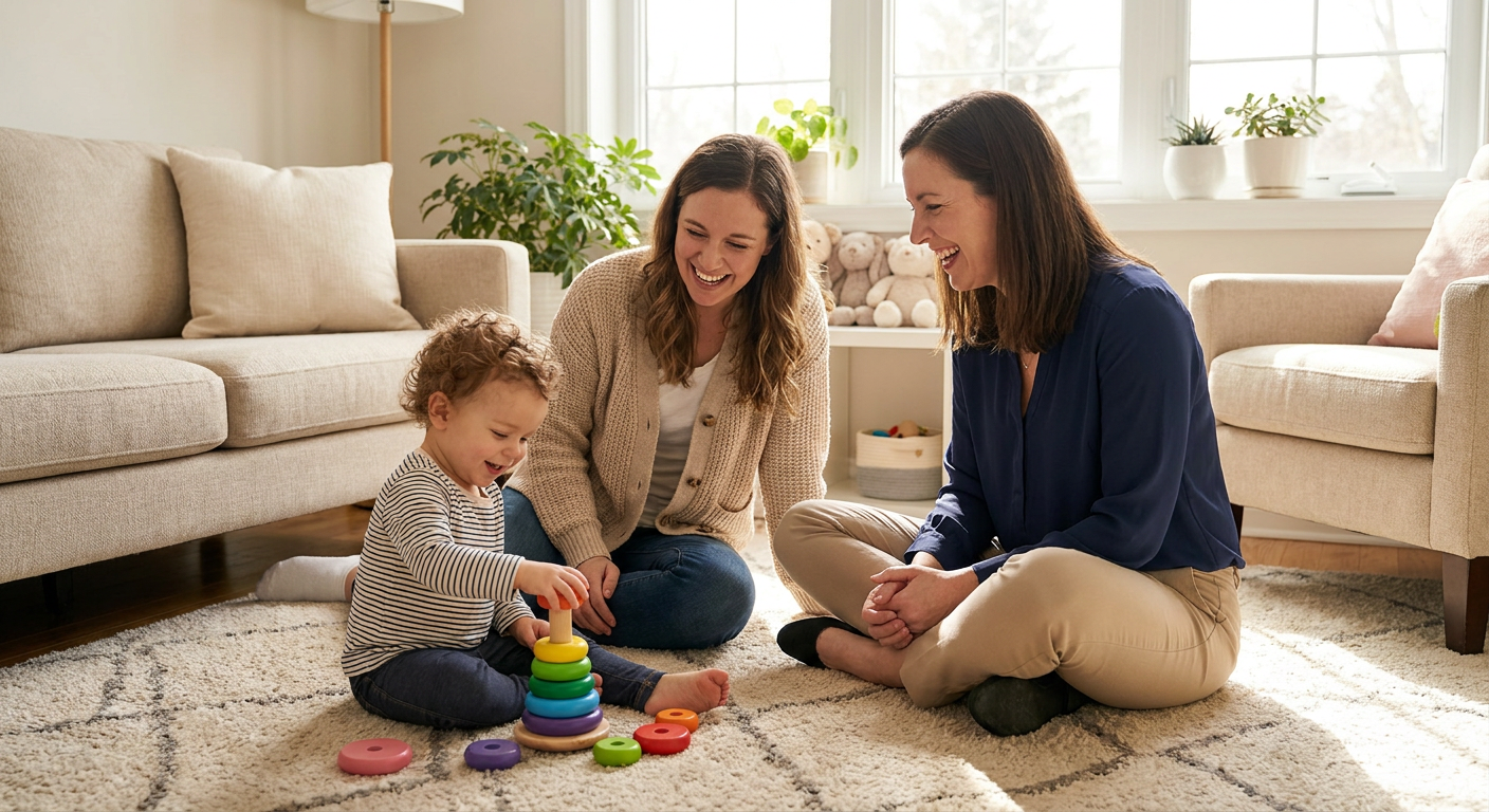 A toddler around 2 years old sits on a soft rug in a bright, cozy living room, stacking colorful rings while a smiling parent and a female therapist sit nearby on the floor, watching and engaging supportively.