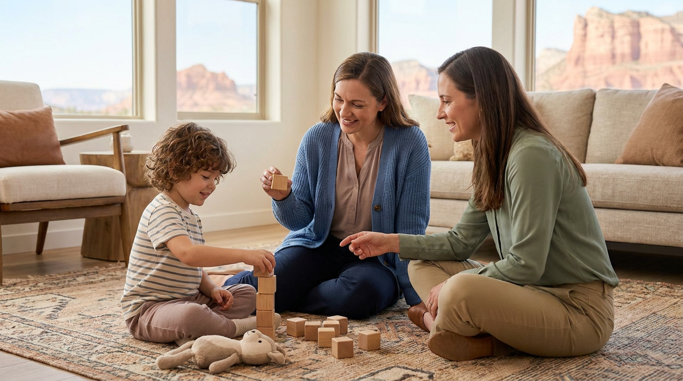 A preschool child about 4 years old sits on a patterned rug in a warm living-room-style play space, stacking wooden blocks beside a stuffed bunny while a mother and a female therapist sit nearby smiling and engaging supportively, with sunlit red rock scenery visible through the windows.