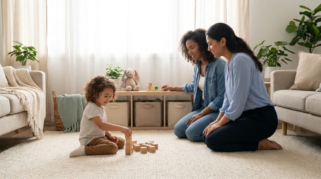 A preschool-age child stacks colorful blocks on a living room rug while a smiling female therapist sits at floor level holding another block and a parent watches nearby from the couch in a warm, sunlit home setting.