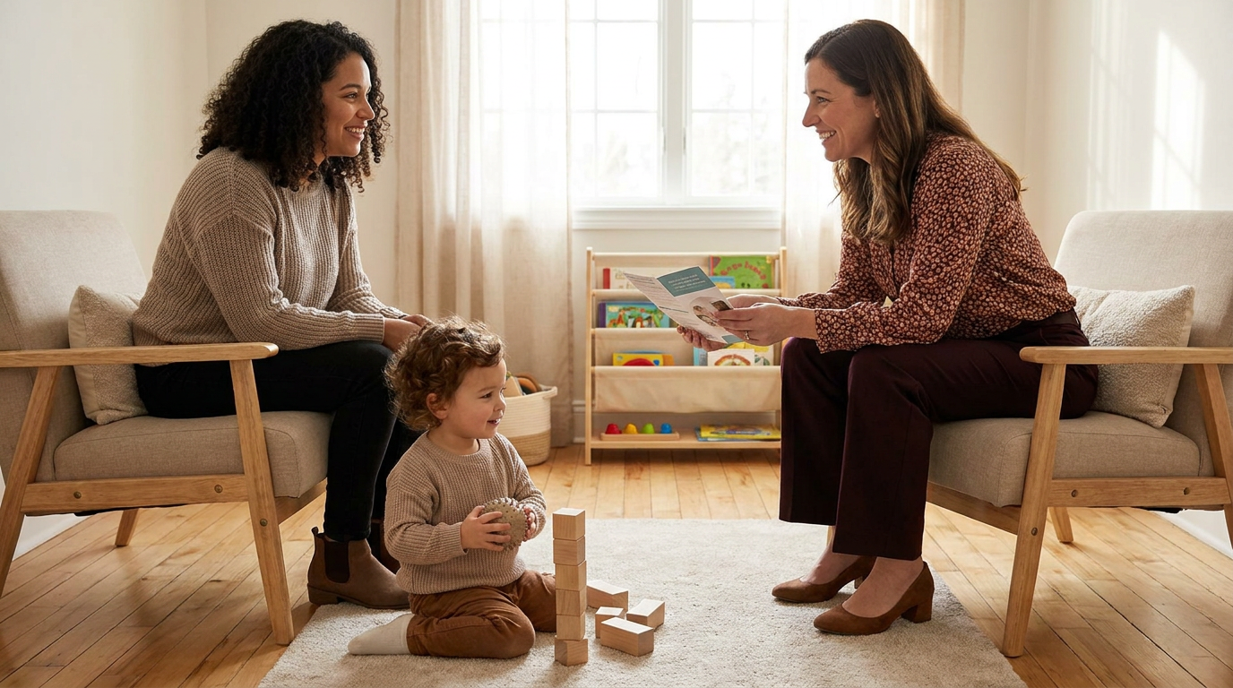 A toddler around 2 to 3 years old sits on a rug in a bright home-style therapy room, playing with wooden blocks while two adult women smile and talk nearby, with soft chairs, a toy shelf, and warm natural light in the background.