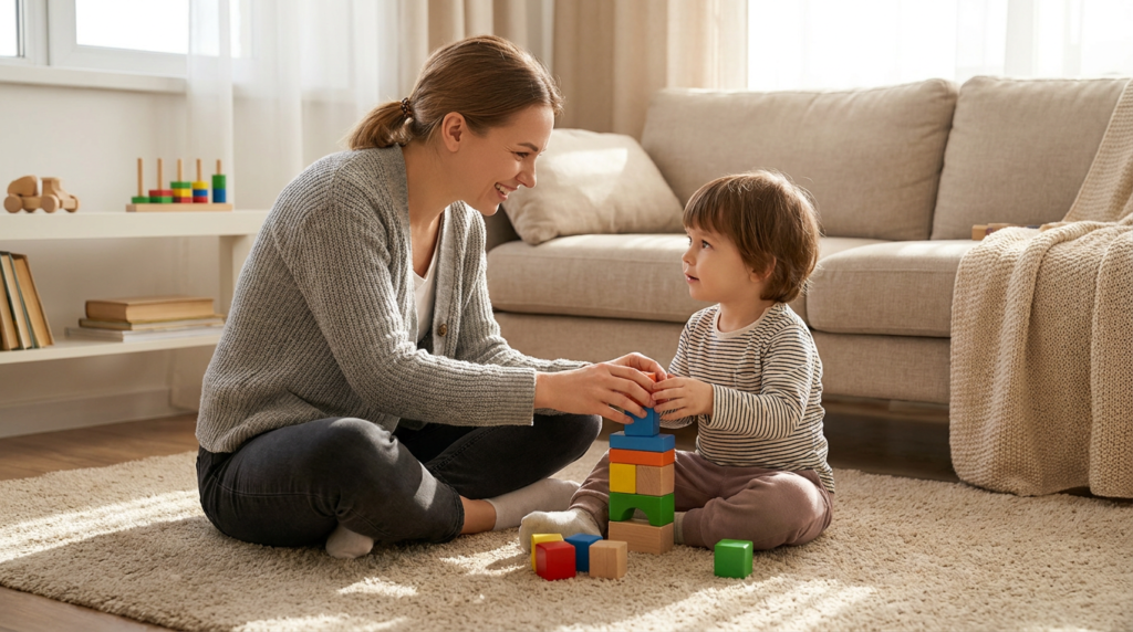 A smiling preschool-aged child sits on a soft rug in a warm living room, stacking colorful blocks with a female therapist seated at floor level; a beige sofa, natural window light, and simple toys in the background create a calm, playful home setting.