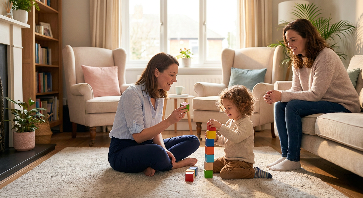 A young child around 3 to 4 years old sits on a light rug in a warm living room stacking wooden blocks while a parent and a female therapist kneel nearby, with soft window light, storage baskets, a stuffed toy, and cozy furniture creating a calm, low-distraction home setting.